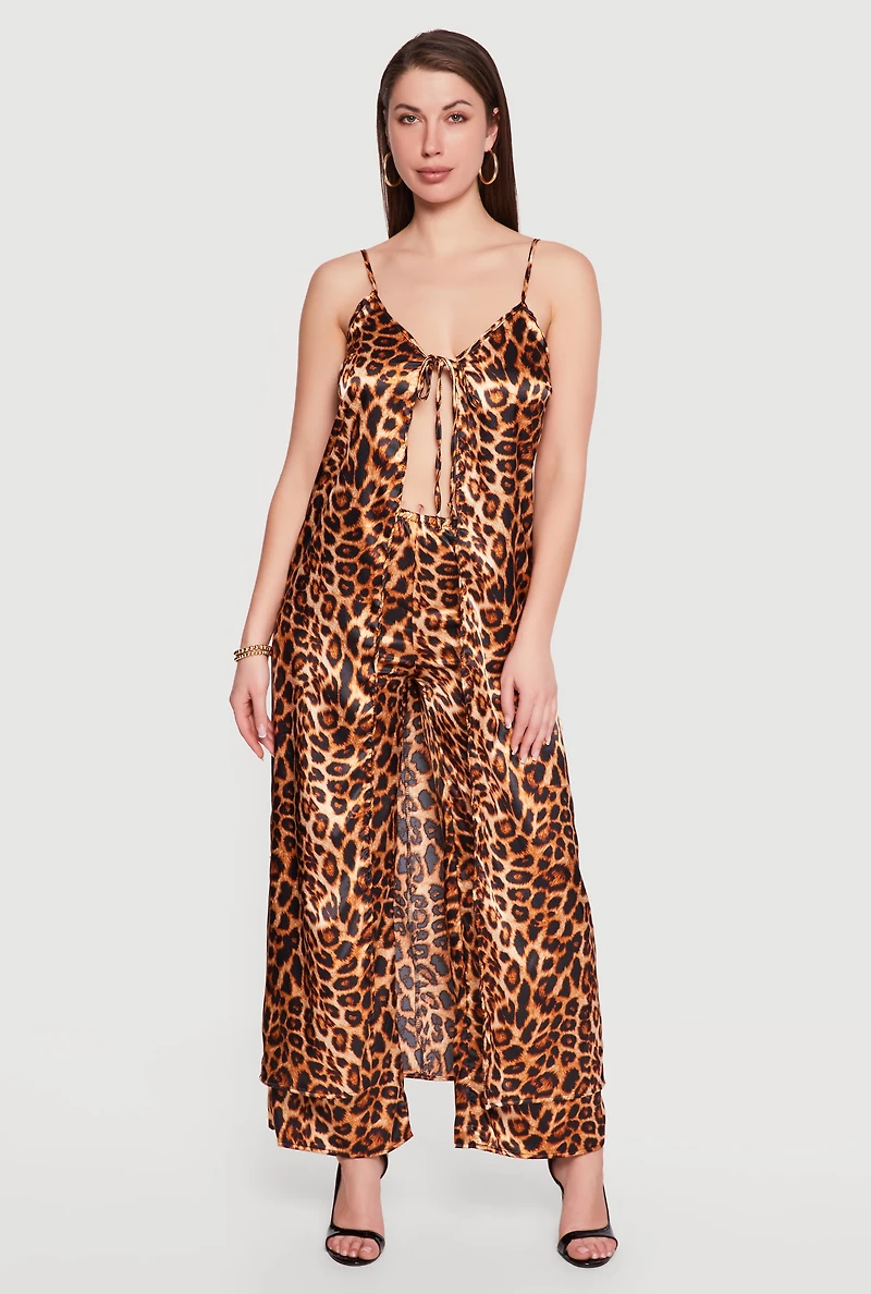 Leopard Print Satin High Waisted Pull On Pants