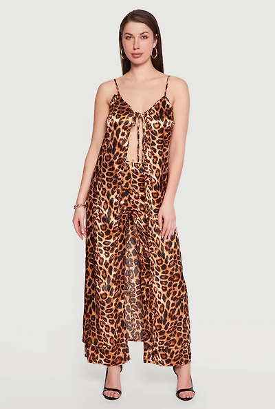 Leopard Print Satin High Waisted Pull On Pants