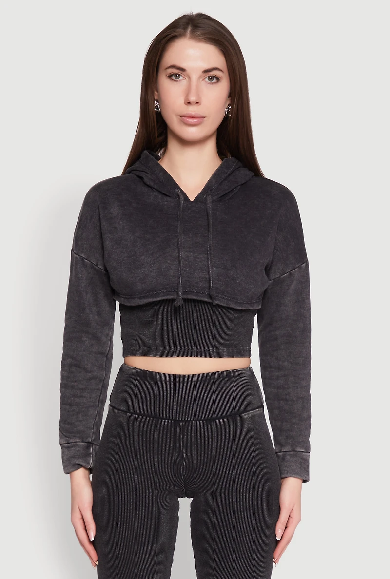 Womens Mineral Wash Hooded Crop Top, Grey, Size M