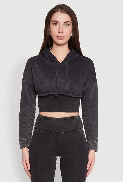 Womens Mineral Wash Hooded Crop Top, Grey, Size M