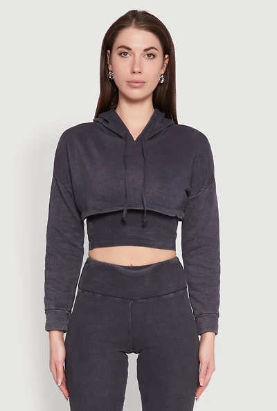 Womens Mineral Wash Hooded Crop Top, Grey,