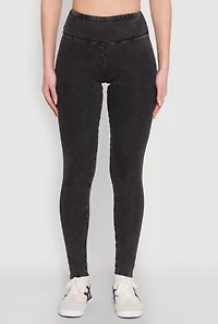Womens Rib Knit Mineral Wash High Waisted Leggings, Black, Size S