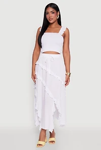 Womens Chic Gauze Knit Ruffle Strap Crop Top with Square Neck, White, Size L