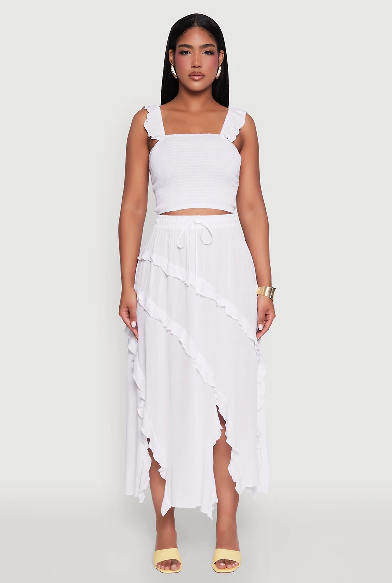 Womens Chic Gauze Knit Ruffle Strap Crop Top with Square Neck,
