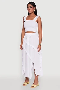 Womens Chic Gauze Knit Ruffle Strap Crop Top with Square Neck, White, Size S