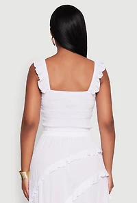 Womens Chic Gauze Knit Ruffle Strap Crop Top with Square Neck, White, Size S