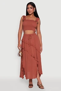 Womens Chic Gauze Knit Ruffle Strap Crop Top with Square Neck, Brown, Size S