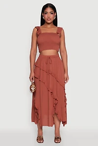 Womens Chic Gauze Knit Ruffle Strap Crop Top with Square Neck, Brown, Size L