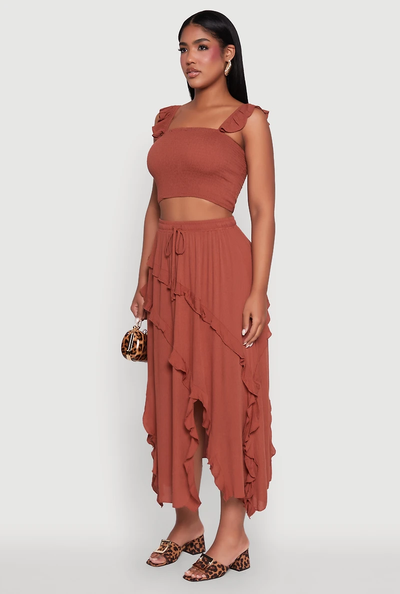 Womens Chic Gauze Knit Ruffle Strap Crop Top with Square Neck, Brown, Size S