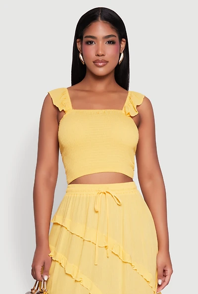 Womens Chic Gauze Knit Ruffle Strap Crop Top with Square Neck, Yellow, Size L