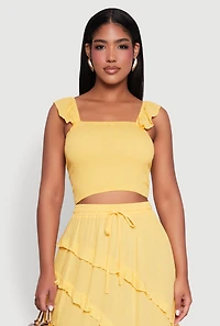 Womens Chic Gauze Knit Ruffle Strap Crop Top with Square Neck, Yellow, Size L