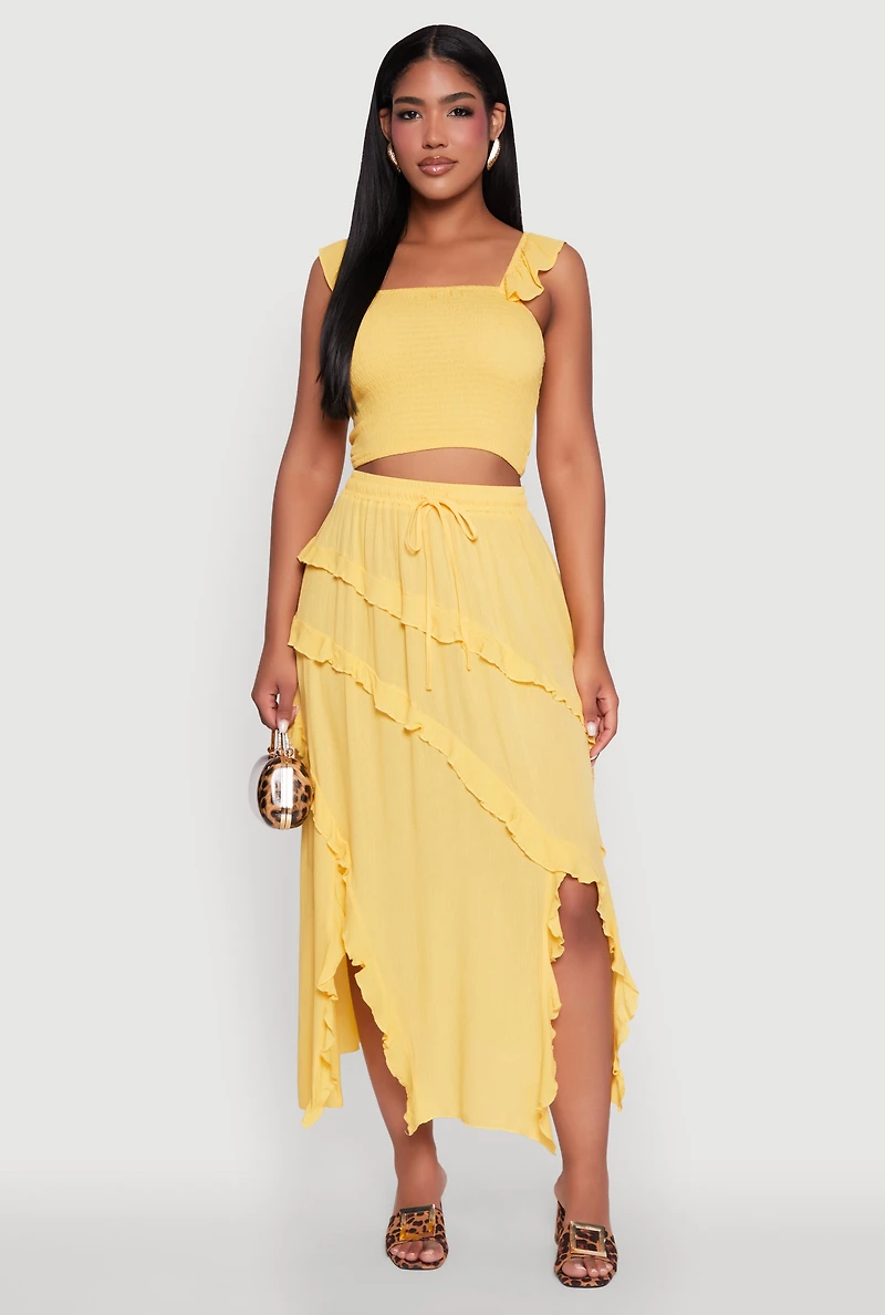 Womens Chic Gauze Knit Ruffle Strap Crop Top with Square Neck, Yellow, Size M