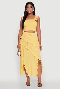 Womens Chic Gauze Knit Ruffle Strap Crop Top with Square Neck, Yellow, Size M