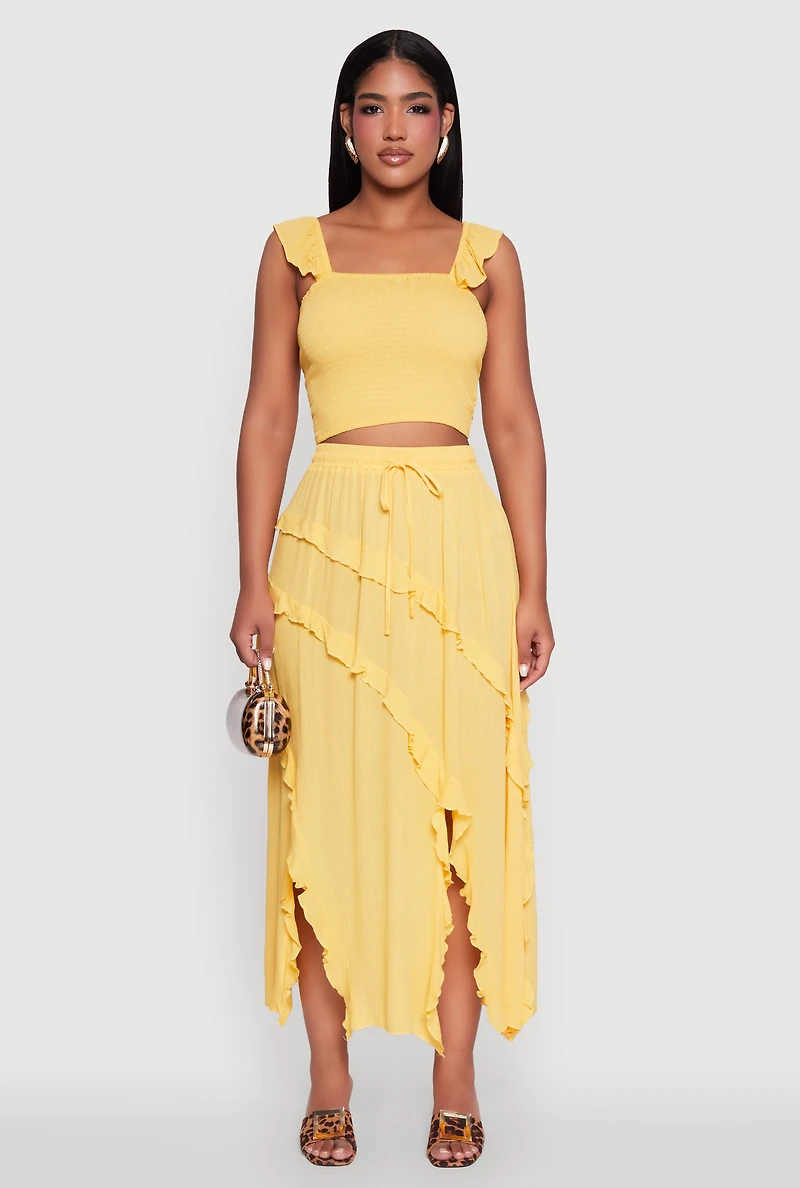 Womens Chic Gauze Knit Ruffle Strap Crop Top with Square Neck, Yellow, Size M