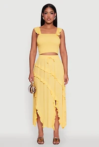 Womens Chic Gauze Knit Ruffle Strap Crop Top with Square Neck, Yellow, Size M