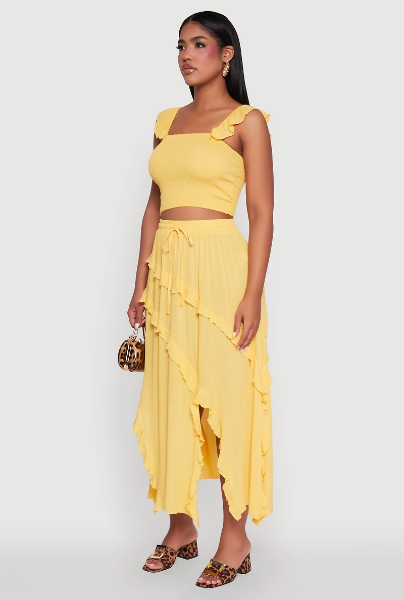 Womens Chic Gauze Knit Ruffle Strap Crop Top with Square Neck, Yellow, Size L