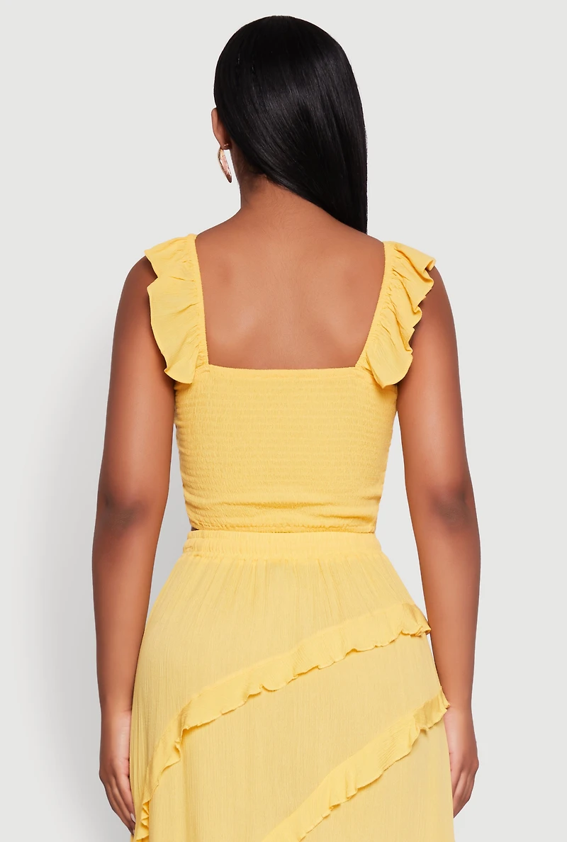 Womens Chic Gauze Knit Ruffle Strap Crop Top with Square Neck, Yellow, Size L