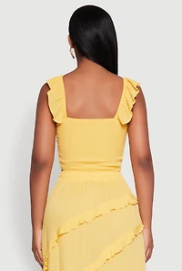 Womens Chic Gauze Knit Ruffle Strap Crop Top with Square Neck, Yellow, Size L
