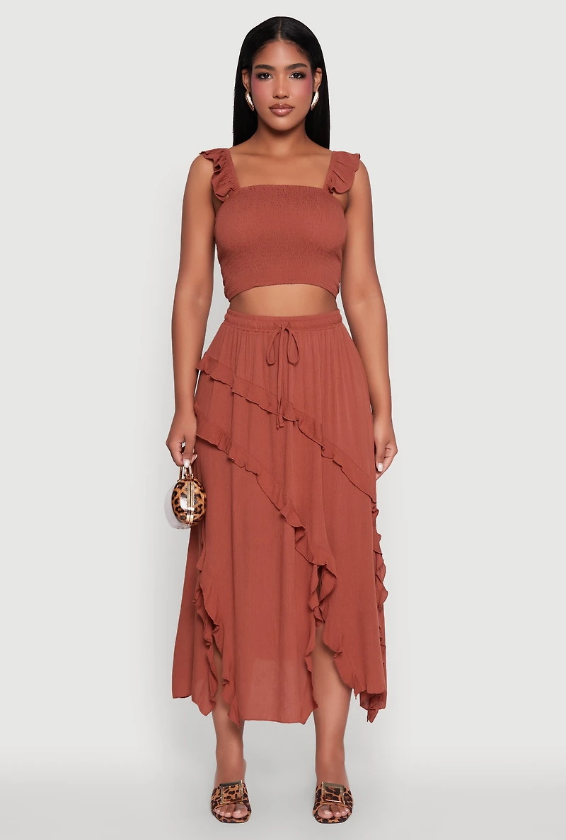 Trendy Gauze Knit Asymmetrical Skirt with Ruffles