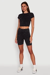 Womens Trendy Acid Wash Crew Neck Cropped Tee, Black,