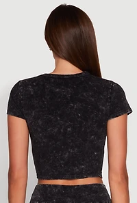 Womens Trendy Acid Wash Crew Neck Cropped Tee, Black,