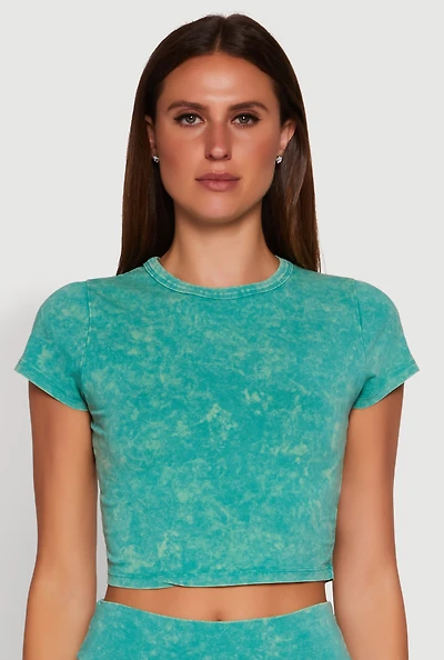 Womens Trendy Acid Wash Crew Neck Cropped Tee, Green, Size L