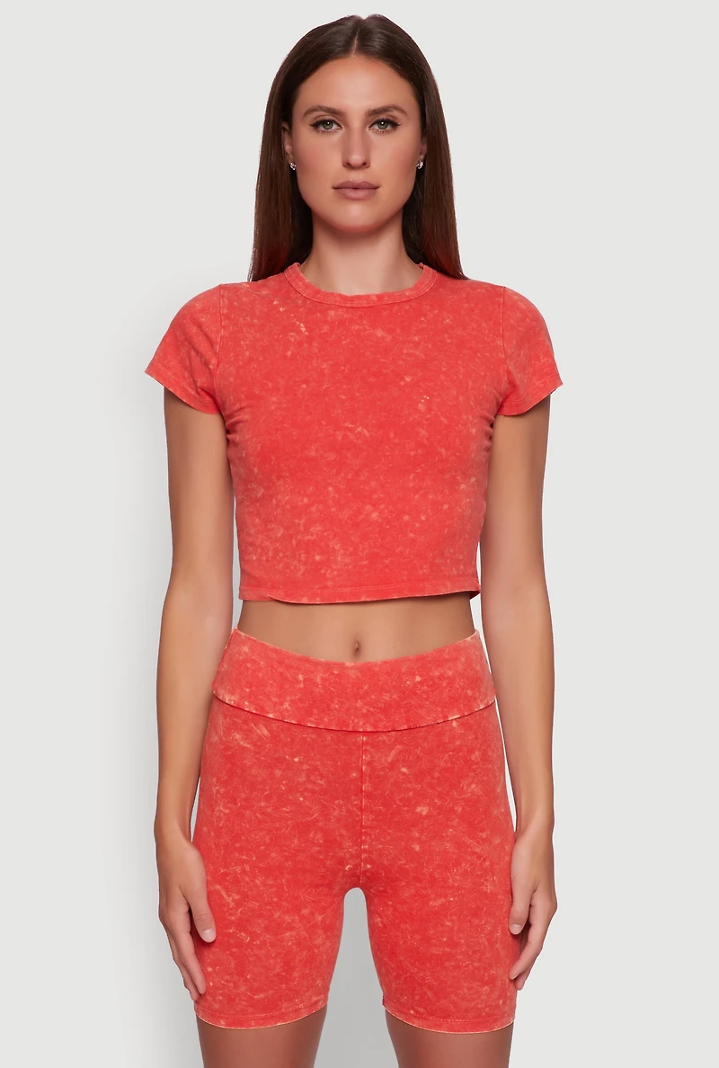 Womens Trendy Acid Wash Crew Neck Cropped Tee, Orange,