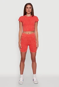Womens Trendy Acid Wash Crew Neck Cropped Tee, Orange,