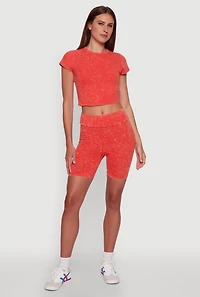 Womens Trendy Acid Wash Crew Neck Cropped Tee, Orange,