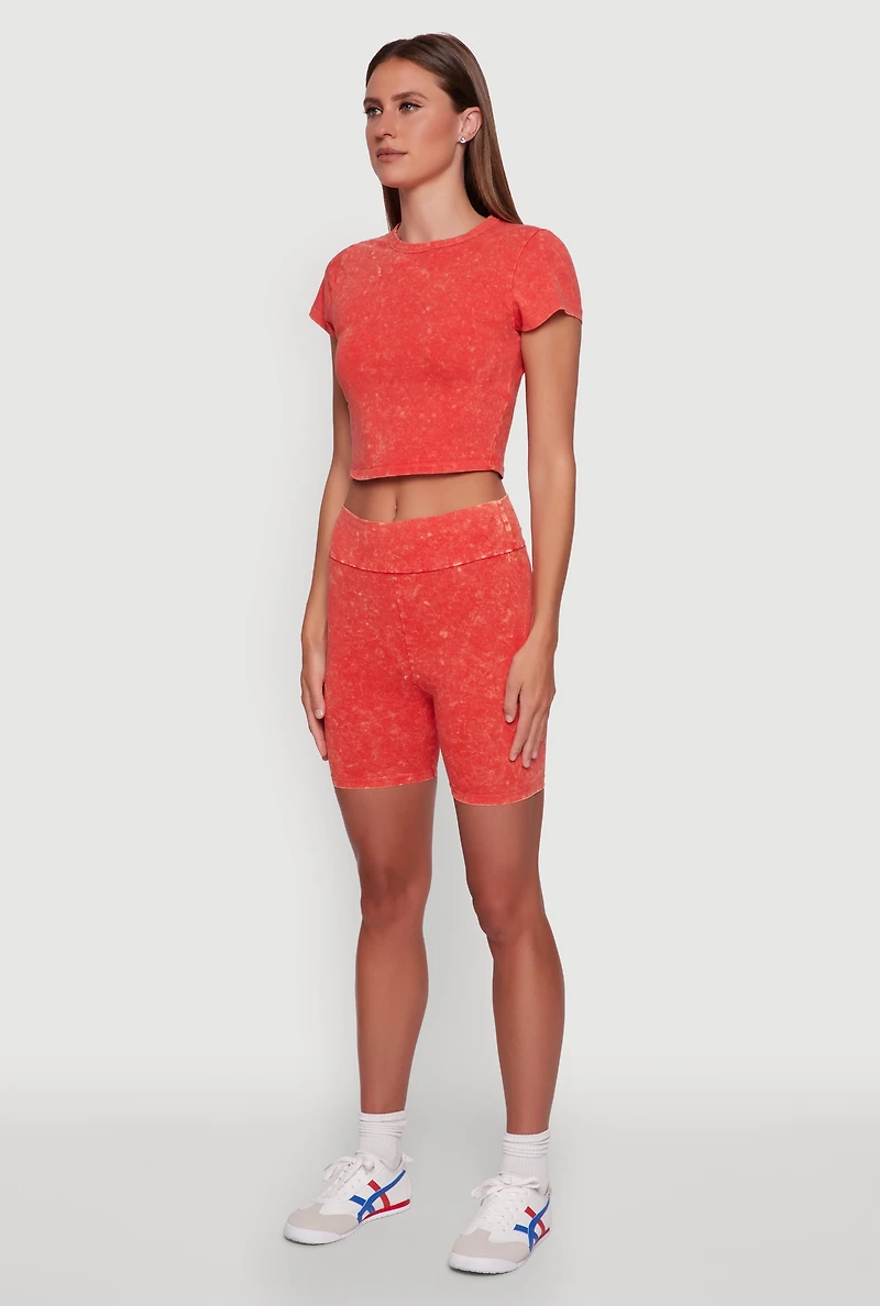 Womens Trendy Acid Wash Crew Neck Cropped Tee, Orange,