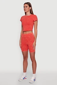 Womens Trendy Acid Wash Crew Neck Cropped Tee, Orange,