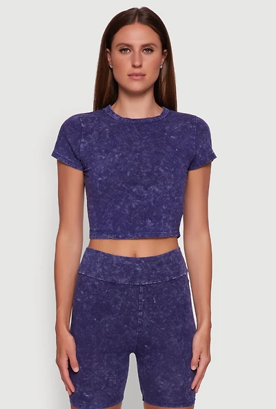 Womens Trendy Acid Wash Crew Neck Cropped Tee,