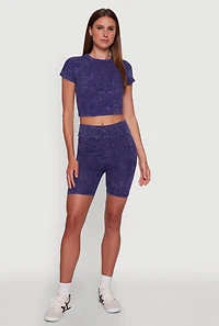 Womens Trendy Acid Wash Crew Neck Cropped Tee, Blue, Size S