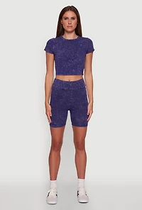 Womens Trendy Acid Wash Crew Neck Cropped Tee, Blue, Size L