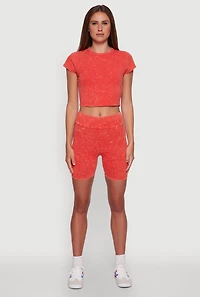 Womens Trendy Acid Wash Bike Shorts, Orange,