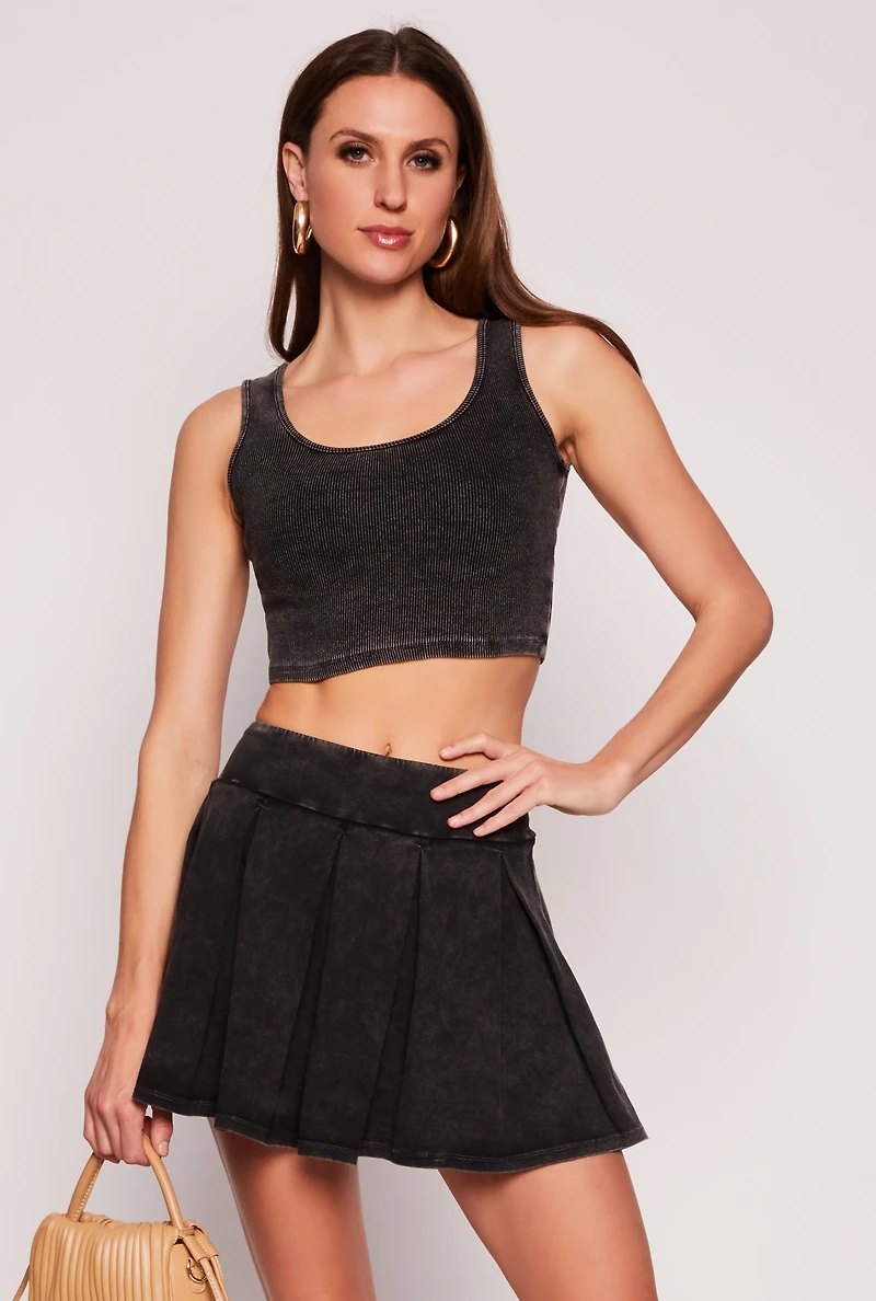 Womens Ribbed Knit Cropped Tank Top, Black, Size L