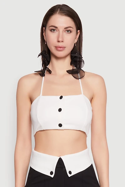 Womens Faux Button Front Cropped Halter Top, White, Size M