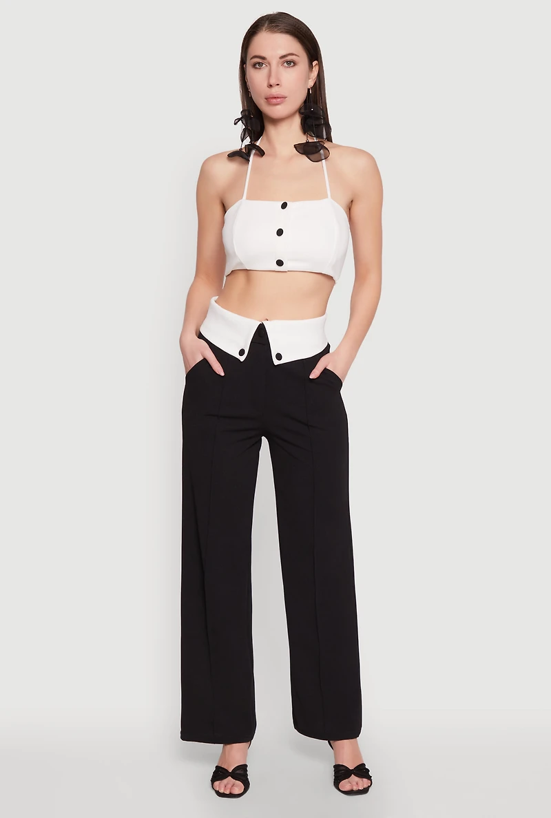 Womens Faux Button Front Cropped Halter Top, White,