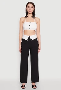 Womens Faux Button Front Cropped Halter Top, White,