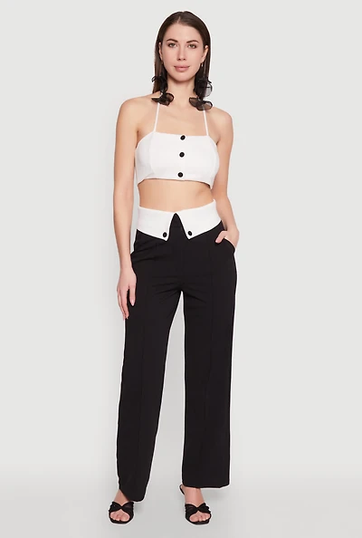 Womens Fold Over Pintuck Dress Pants, Black, Size L