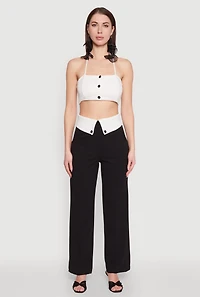 Womens Fold Over Pintuck Dress Pants, Black, Size L