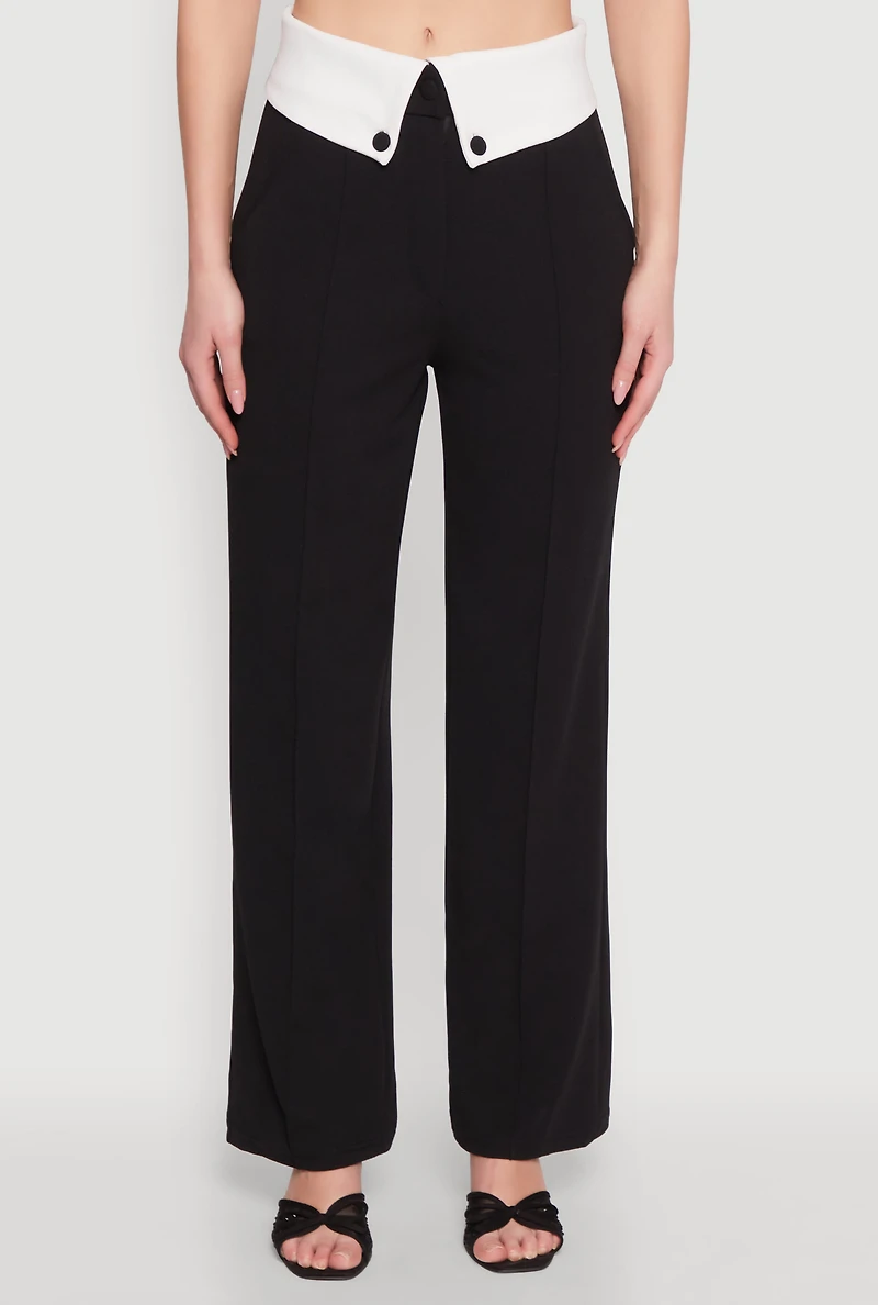 Womens Fold Over Pintuck Dress Pants, Black, Size L