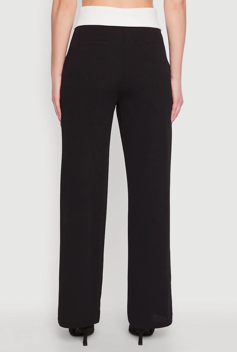 Womens Fold Over Pintuck Dress Pants, Black, Size L