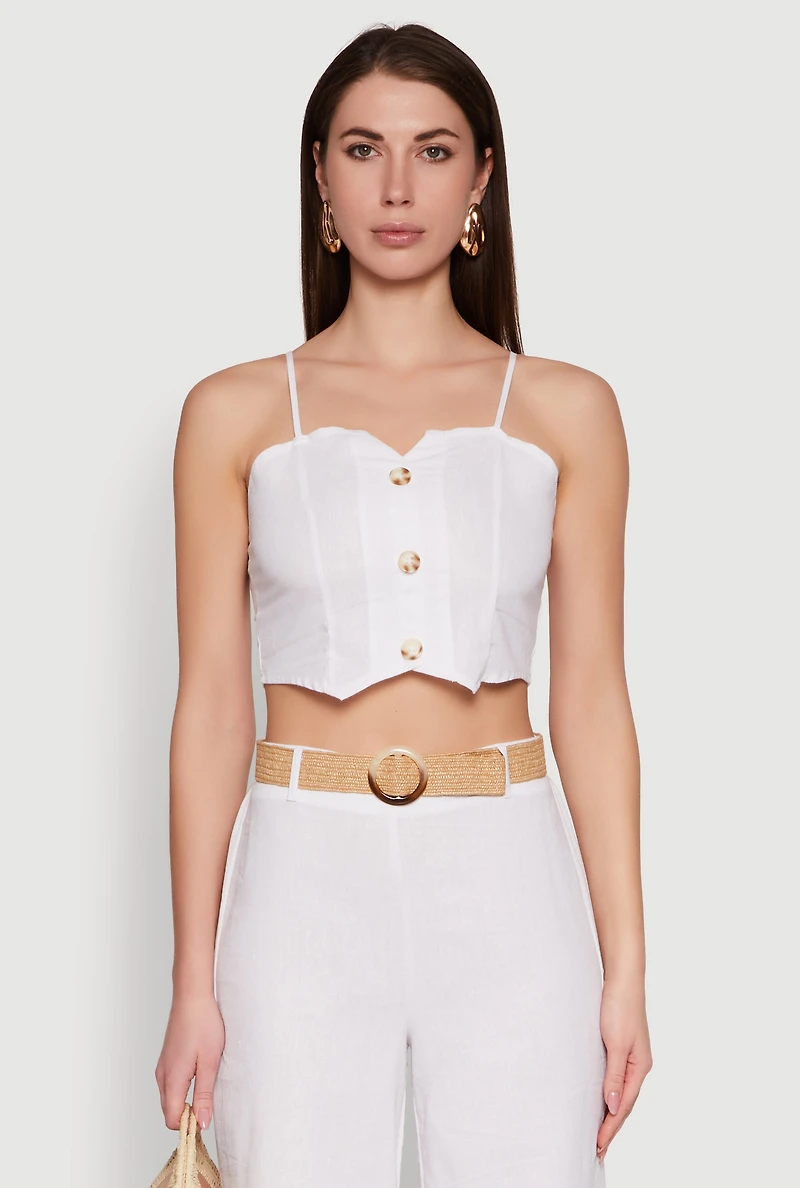 Womens Button Detail Smocked Crop Top, White,