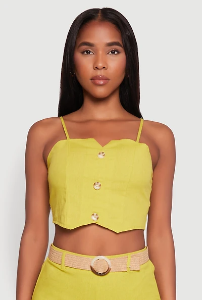 Womens Button Detail Smocked Crop Top, Green, Size L