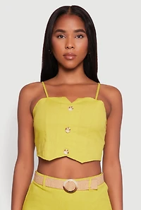 Womens Button Detail Smocked Crop Top, Green, Size L