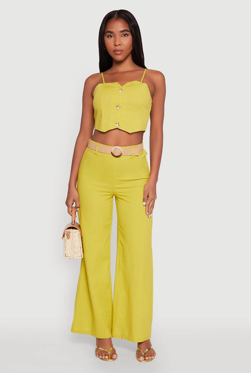 Womens Button Detail Smocked Crop Top, Green, Size L