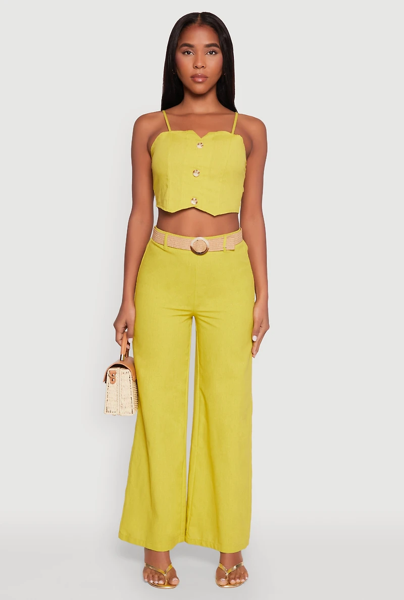 Womens Button Detail Smocked Crop Top, Green, Size M