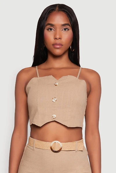 Womens Button Detail Smocked Crop Top, Beige, Size L