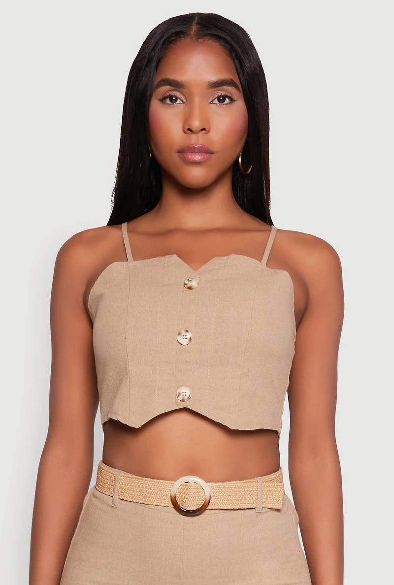 Womens Button Detail Smocked Crop Top, S